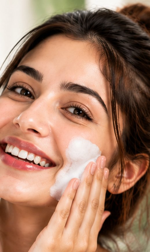 Woman washing her face with Sea Buckthorn Face Wash foam